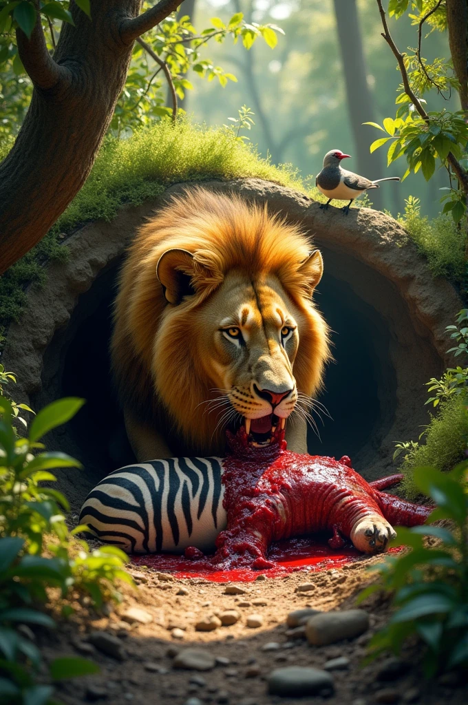 lion which eating zebra and that lion it is in hole in forest