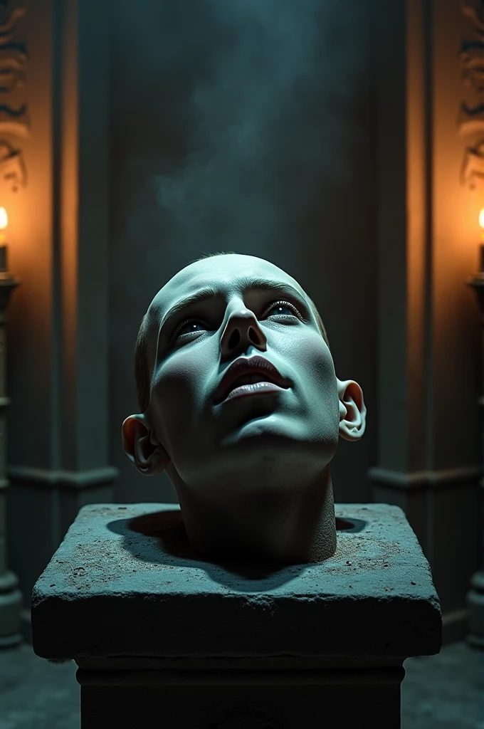A decapitated head with a serious expression