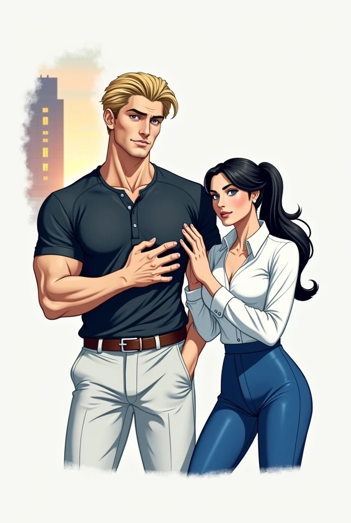  A mature handsome blonde guy with brown eyes, Beautiful inflated body, and a beautiful mature girl with long black hair pulled back in a ponytail and blue eyes, masterpiece, realistically, detailed, Best quality