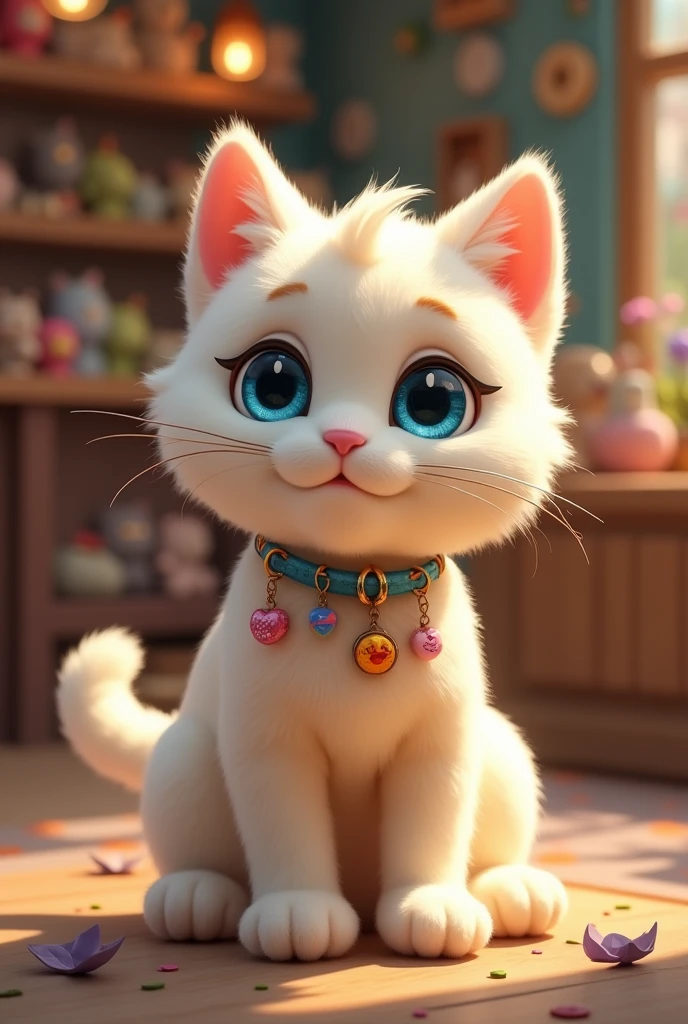 Give me a idea for a cute huggable plush cat that speaks to both younger and older audiences for a business that sells cat plushies that have a backstory and sold as if the customer is adopting the plush and donate some of the proceeds to an actual charity pet rescue