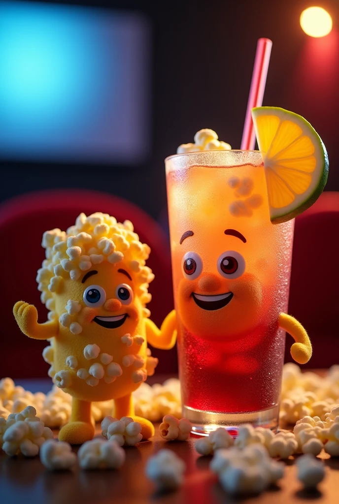 Create an image of two popcorn and a glass of drink 
