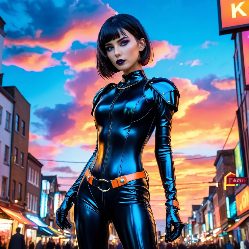 Extremely detailed, very sharp, best quality, female, Sophie Thatcher face, black rider latex suit, tall and lean body, harness, night, night street, lights, very short black haircut, dark makeup, pauldrons, holster, colorful, colorful sky with a bright orange and blue nebula, twisted clouds, magic, (best quality,4k,8k,highres,masterpiece:1.2), ultra-detailed, studio lighting, ultra-fine painting, sharp focus, physically-based rendering, extreme detail description, professional, vivid colors, fantasy, Anime style, ImgFixerPre0.3