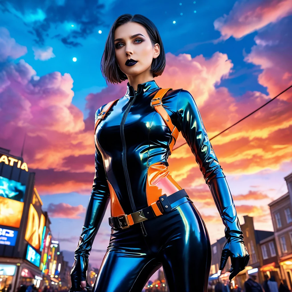 Extremely detailed, very sharp, best quality, female, Sophie Thatcher face, black rider latex suit, tall and lean body, harness, night, night street, lights, very short black haircut, dark makeup, pauldrons, holster, colorful, colorful sky with a bright orange and blue nebula, twisted clouds, magic, (best quality,4k,8k,highres,masterpiece:1.2), ultra-detailed, studio lighting, ultra-fine painting, sharp focus, physically-based rendering, extreme detail description, professional, vivid colors, fantasy, Anime style, ImgFixerPre0.3