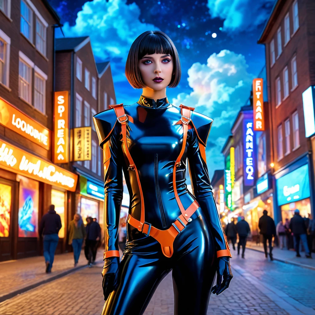 Extremely detailed, very sharp, best quality, female, Sophie Thatcher face, black rider latex suit, tall and lean body, harness, night, night street, lights, very short black haircut, dark makeup, pauldrons, holster, colorful, colorful sky with a bright orange and blue nebula, twisted clouds, magic, (best quality,4k,8k,highres,masterpiece:1.2), ultra-detailed, studio lighting, ultra-fine painting, sharp focus, physically-based rendering, extreme detail description, professional, vivid colors, fantasy, Anime style, ImgFixerPre0.3