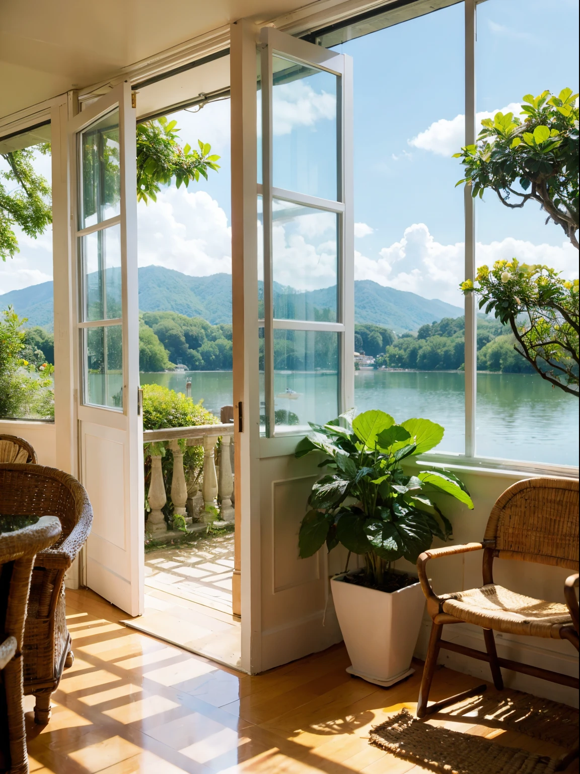 white window frame,window,plant,flower,lake,rose,Frame,living room,sunlight