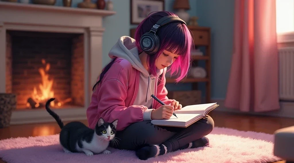 A beautiful young e-girl, wearing headphones, a stylish pink blouse and black clothing, and toe-less socks, is sitting cross-legged on a cozy rug, writing in a notebook. The scene is set in a warm, inviting room with a crackling fireplace in the background. A curious kitten with heterochromatic eyes is sitting nearby, watching intently as she writes. The image should be highly detailed and artistic, with a 16:9 aspect ratio, full hd