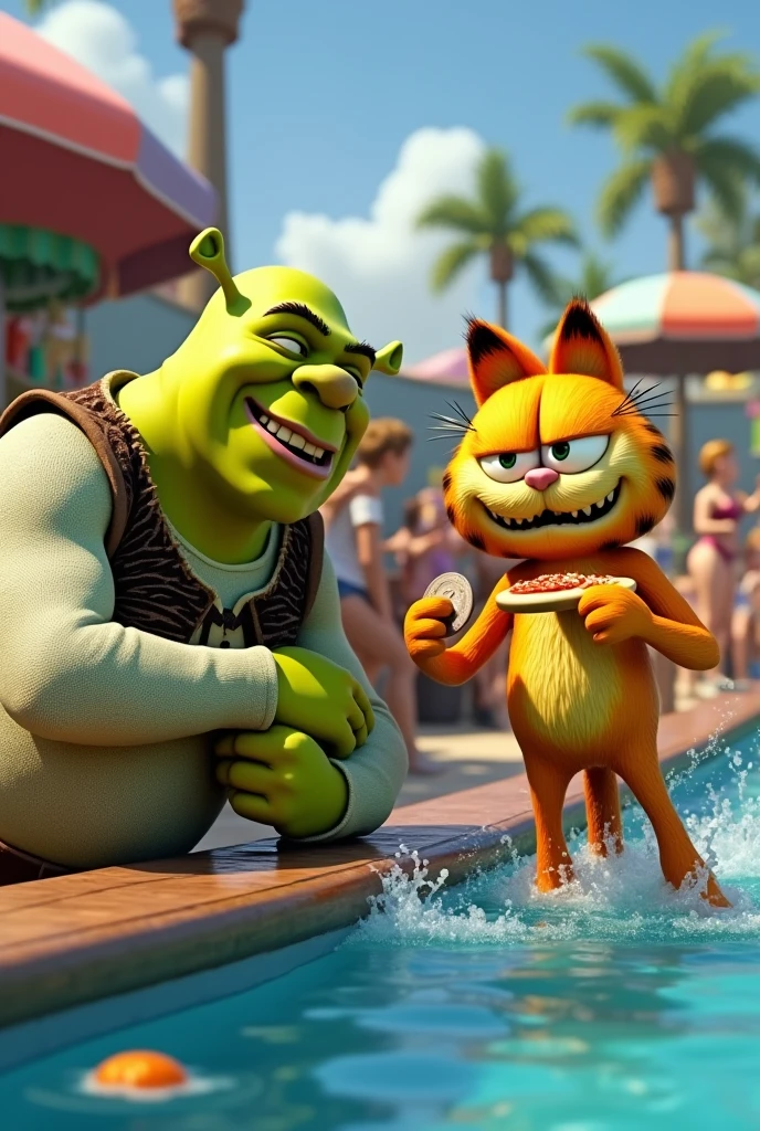 Realistic Shrek and Garfield betting on a swimming race
