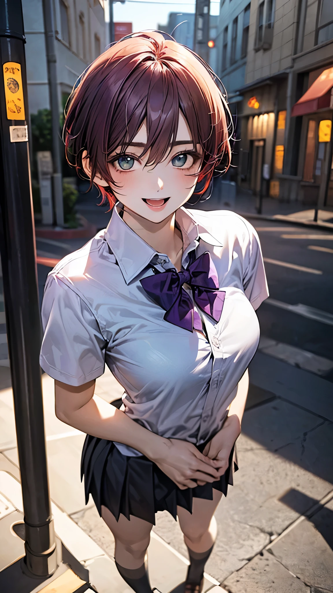 (masterpiece:1.2, highest quality), (realistic photo:1.4), beautiful illustrations, (natural side lighting, movie lighting),
beautiful hair, beautiful face, detailed and beautiful eyes, beautiful clavicle, beautiful body, beautiful breasts, beautiful thighs, beautiful feet, beautiful fingers,
looking at the viewer, 1 girl, high school girl, (perfect anatomy, anatomically correct, super detailed skin), cute symmetrical face, baby face, perfect face, perfect eyes, slender,
(short hair, pixie cut hairstyle, red hair), hair between eyes, emerald green eyes, big eyes, slant eyes, long eye lasher, (medium breasts, seductive thighs), perfect body, shiny skin,
(detailed cloth texture, break (short sleeve grey collared shirt), break (dark purple pleated skirt, dark purple bow tie), break
(beautiful scenery), night, (street;1.2), standing, (lovely smile, upper eyes, open mouth),