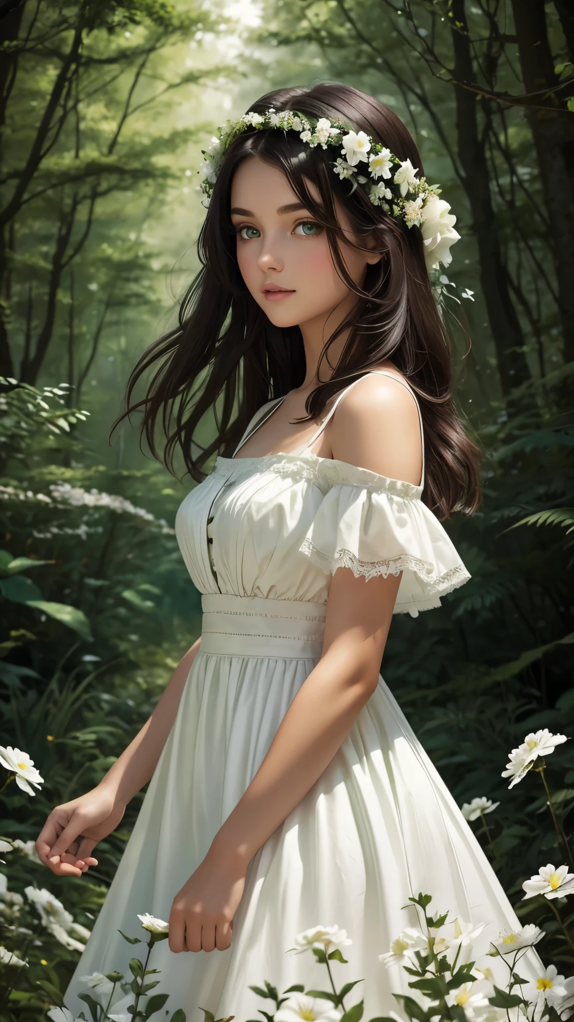 Beautiful dark-haired girl with green eyes and a white dress with flowers in a beautiful forest 
