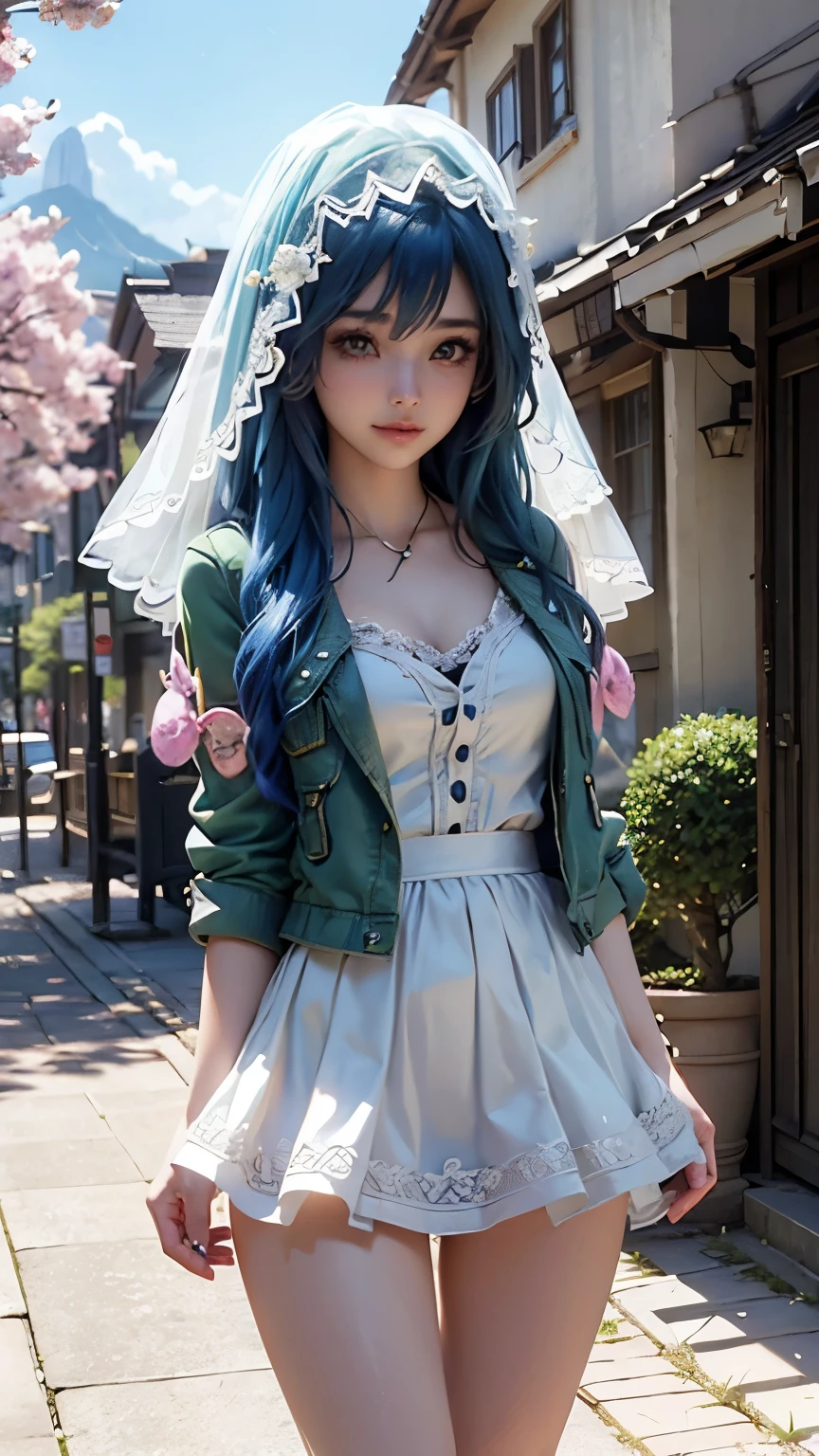 Landscape of an woman, Landscape of a very beautiful woman, (((cowboy shot))), ((Exposed Eyes))!!, photography with Fujifilm XT3, depth of field, film grain, (((female focus)))!!, exposed eyes, Yoshino Himekawa/(Date A Live/), anime style, (walk around the village), cherry blossom, There are birds in the sky, There are butterflies, The sky is blue, river bank, mountain at the background, looks at the camera with Beautiful blue pupil's eyes, (Beautiful blue pupil's eyes like sapphire :1.40)!!, (((homochromatic eyes)))!!!, Stars in her fixed eyes, Ultra detailed eyes, seductive smile, beautiful smile, gorgeous smile, (Blush)!! Perfect nose, Cute little nose, Earrings, beatiful face, Face Clean, Skin, hyper realistic, Incredibly detailed face, hyper detailed face, A face with a lot of detail, Perfect eye shadow, wink, Hyper-Detailed Eyes, Hyper-detailing of eyebrows, Hyper-detailed eyelashes, Blue hair between eyes, Blue hair bangs, (ultra shine Blue hair)!!, (smooth straight hair)!!,((dynamic composition)), (((wear green snap jacket)))!!!, ((green jacket's veil over the hair))!!, detailed realistic clothes, neck garter, plump breasts, (Breasts covered with white lace)!!, ultra seductive temptation, charming pose, open skirt, slim legs, petticoat, fishnet legs, stockigs, smooth thighs cleavage, garter thighs, leather shoe, erotic, Best Quality, Masterpiece, Ultra-detailed, Beautiful, hight resolution, Original, CG 8K, perfect photo, dramatic lighting, (Realistic) Realistic, Full HD, Best Quality, Best Quality, Beautiful lighting, (8k wallpaper of extremely detailed CG unit), High Details, sharp-focus, The art of dramatic and photorealistic painting, (walk around the village), cherry blossom, There are birds in the sky, There are butterflies, The sky is blue, river bank, mountain at the background, dynamic composition
