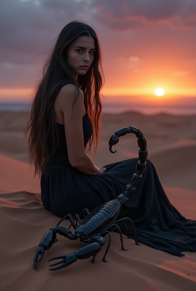 Please make an image of a sad woman, but with an empowered scorpion, Please help me