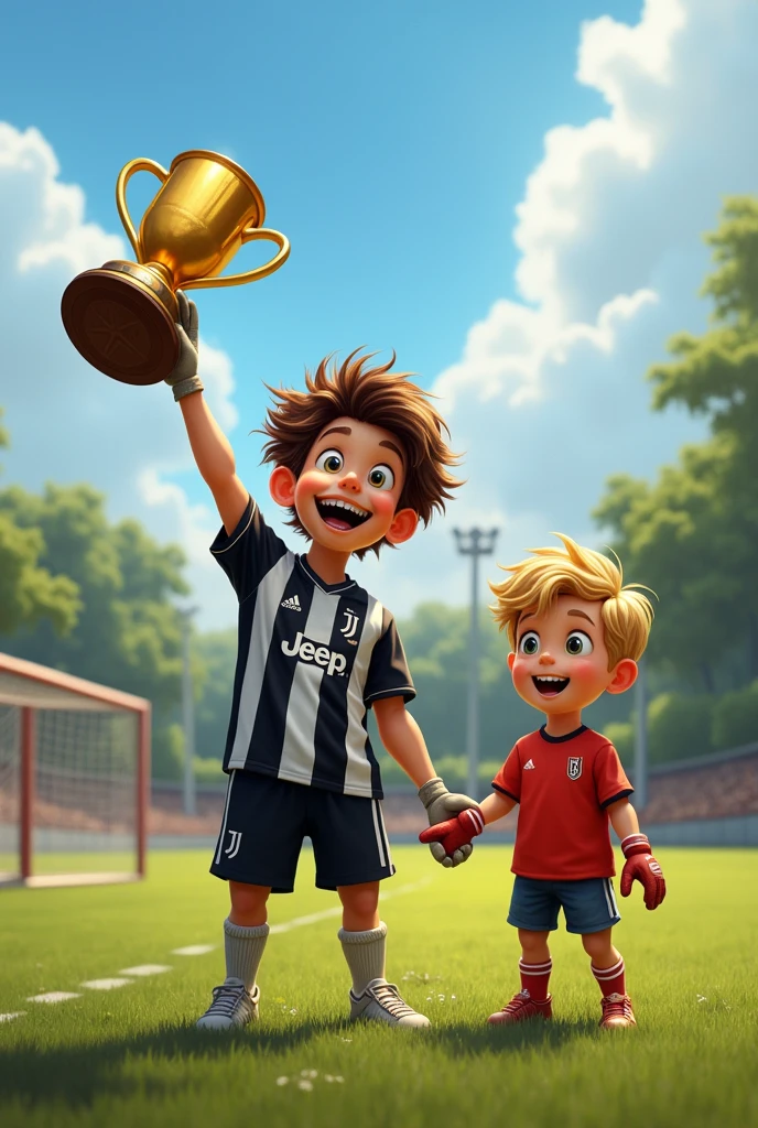 a 13-year-old boy who is quite tall (175cm) very chubby, brown hair and braces, with the Juventus shirt, With the adidas football goalkeeper gloves in hand and the Summer Cup first place trophy, is throwing in the air to celebrate a short child of about 10 years old (130 cm) biondo con la frangetta e magrissimo da vedergli le ossa anche lui with the Juventus shirt. 
behind you should be able to see an iron football goal