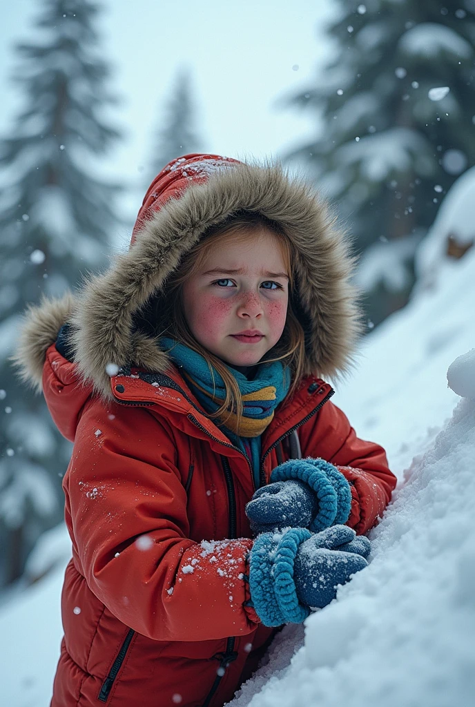 A girl with full clothes climbing on mountain in snowfall she is injured and crying 