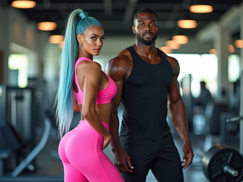 beautiful biracial latina woman, long ponytail light blue hair, light blue eye with large breasts pink sportwear bubble round butt look back with a handsome african man in a black short strong and muscle in a gym center, extremely full body detailled