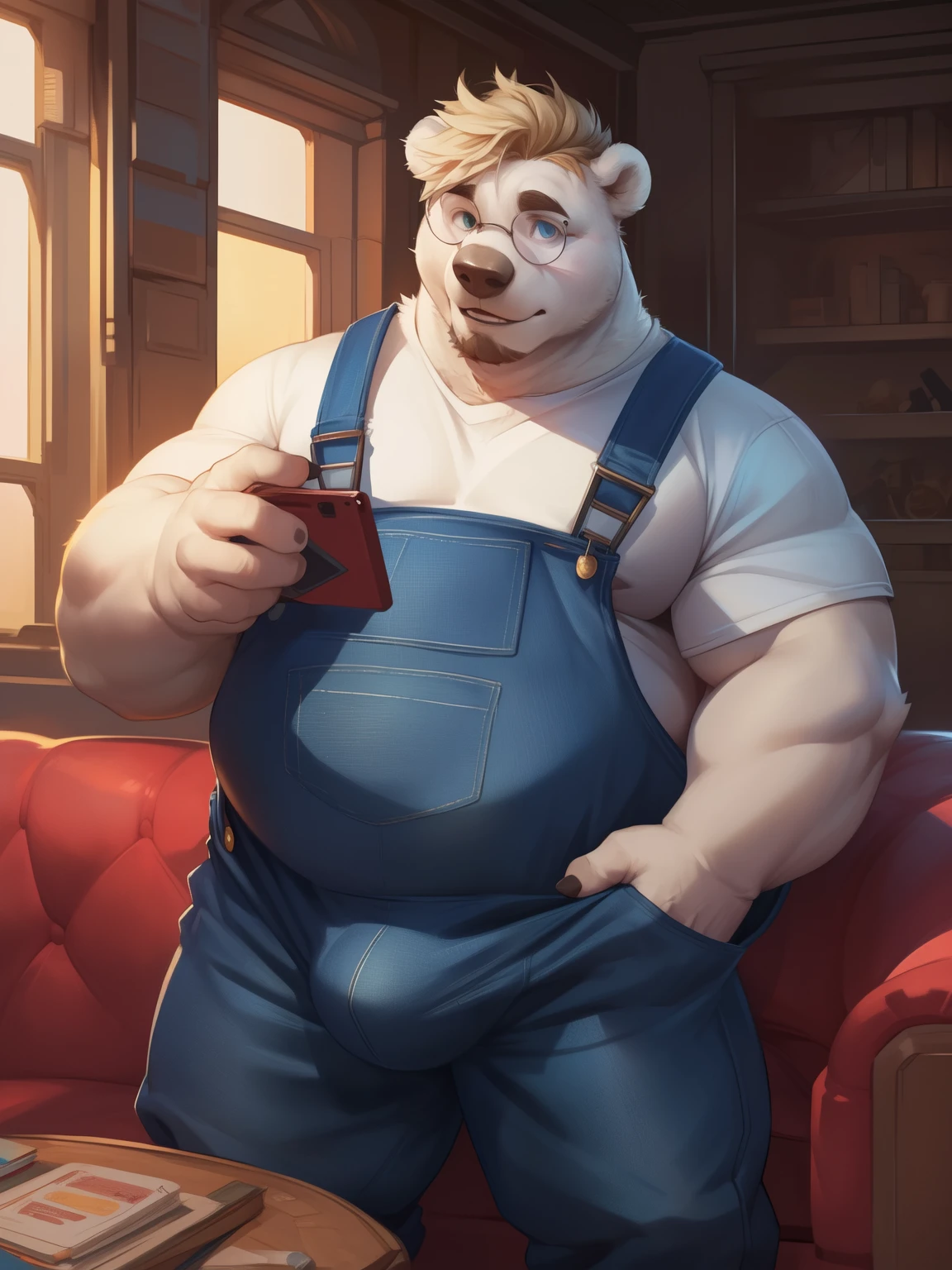 by darkgem, by zixiong, by glitter trap boy, a man with a belly, furry polar bear wearing ((hipster outfit, round glasses, overalls:1.2)), blond messy quiff hairstyle, bulge, playing video games on a sofa, ((hefty, belly):1.3), shy, thicc, lowres, giant and muscular, danbooru and artstation, heavy detailed, insanely inflated hips, proportionally arms, commission for high res, detailed but rough