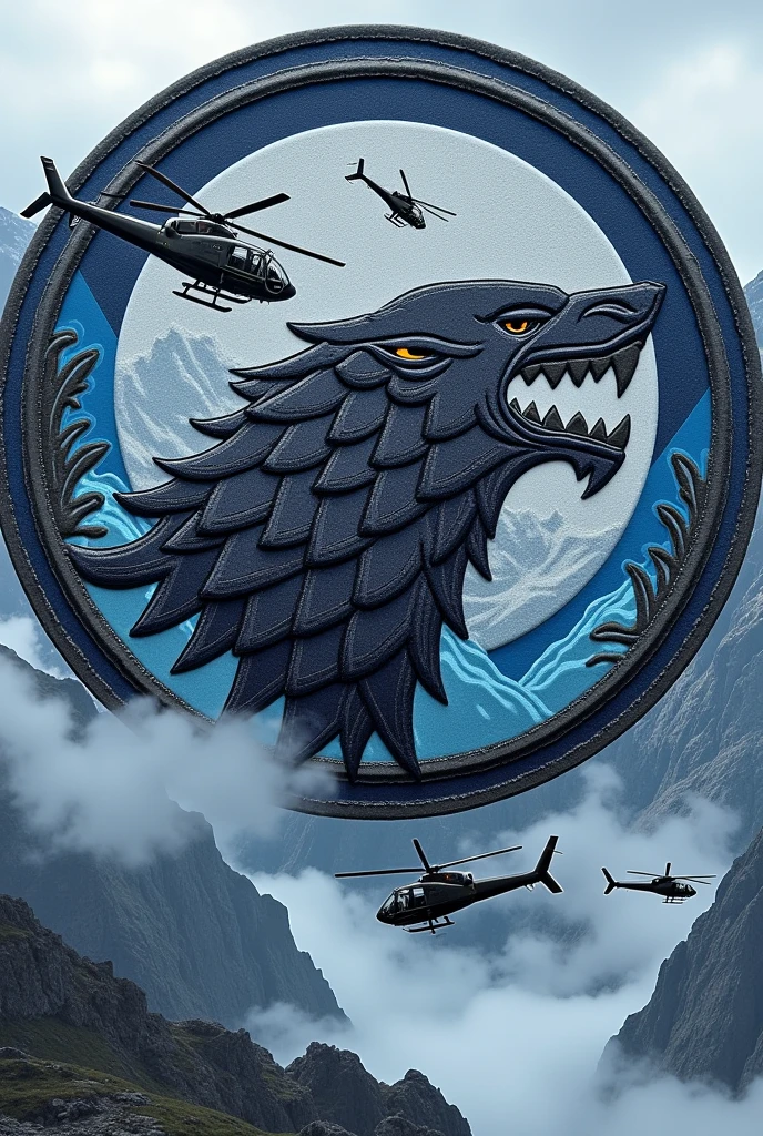 Create circular patch of Aviation Squadron called wolves comprising MI 171 helicopters, with the sigil of House Stark of Game of thrones 