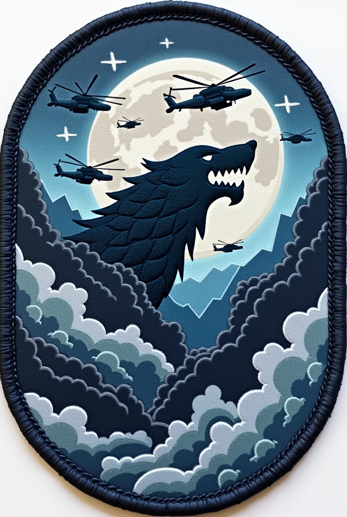 Create circular patch of Aviation Squadron called wolves comprising MI 171 helicopters, with the sigil of House Stark of Game of thrones