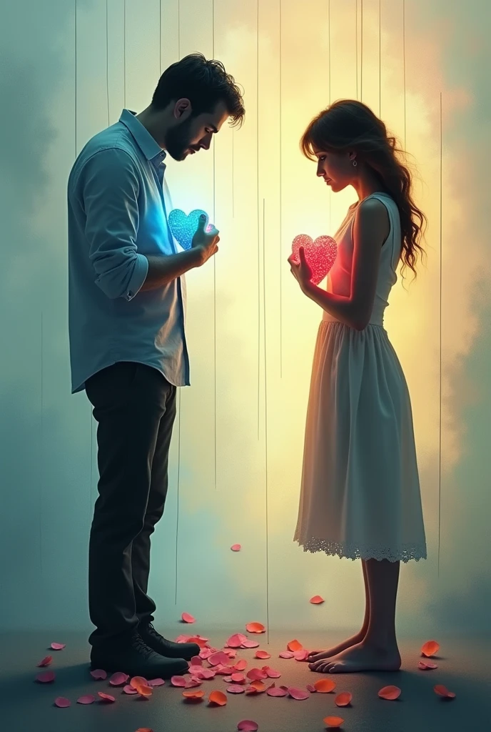 Create two images in one photo: of a man being manipulated, with his heart saddened by emotional abuse and of a woman manipulated by emotional abuse with her heart broken. Both images do not have to show wanting to break free. They can be facing away from each other or facing each other but not together. It's a single image. Don't be afraid, but they show the sadness and suffering of being deceived. No dark images
