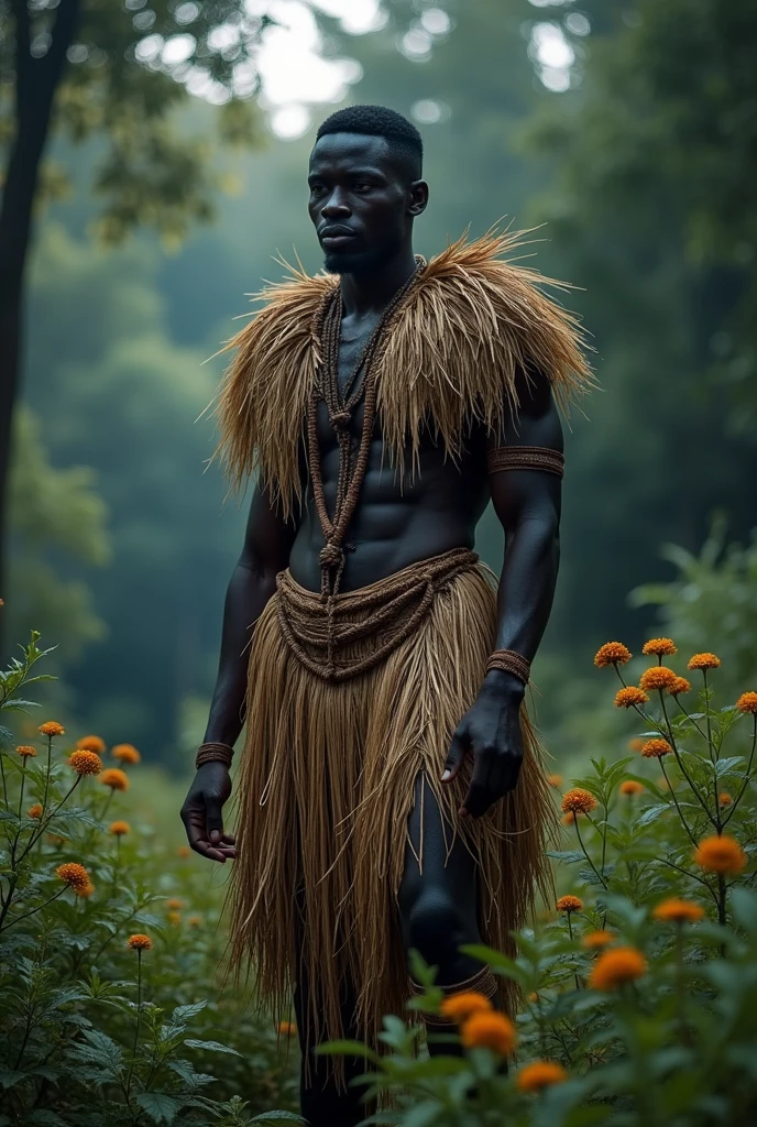 Black man who wears straw clothing covering his face and his entire body except his arms, to hide scars that cover his entire body, his name is Omulu
