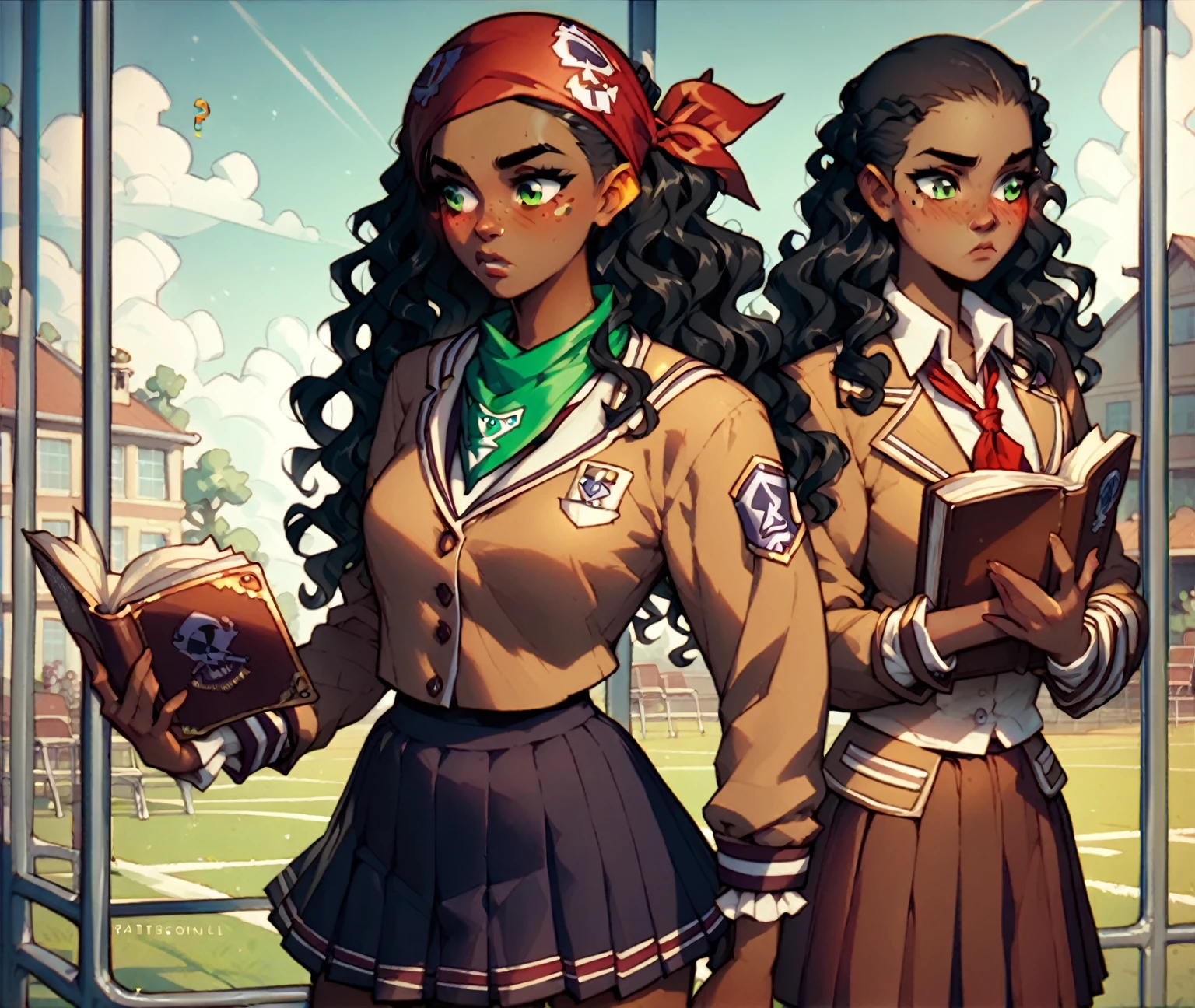(Female), (Dark Tan Skin), black hair, (long wavy hair), green eyes, faint blush and freckles, curious expression, ((pirate school uniform outfit)), ((hair styled down with bandana), standing on campus, holding books, campus setting.