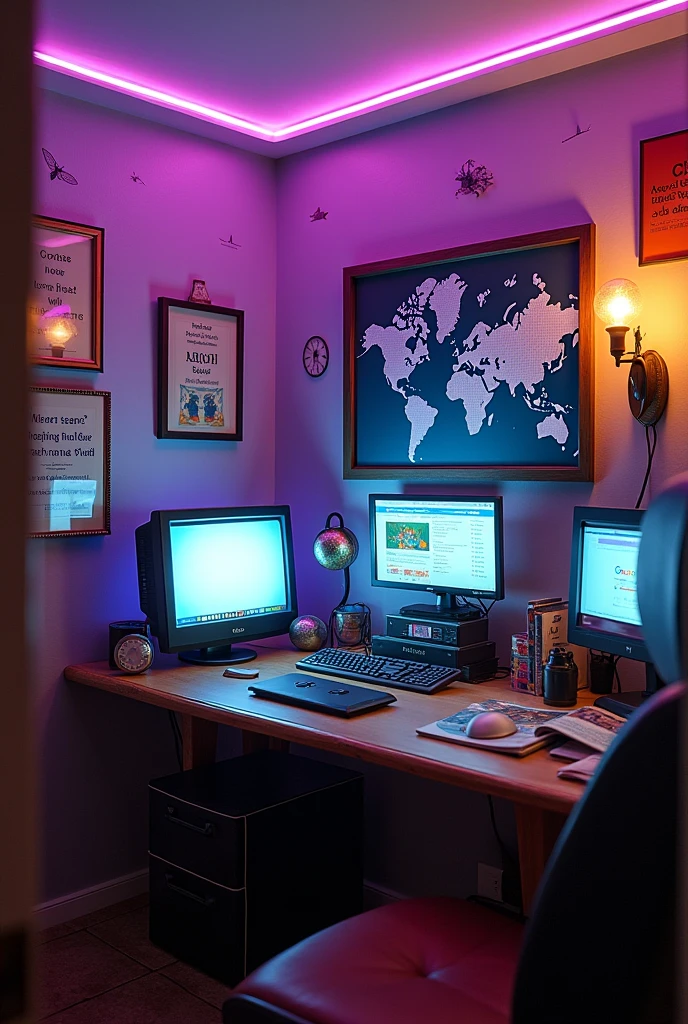 Create a small room from scratch with decor about search engines., google, yahoo e bing com led roxo