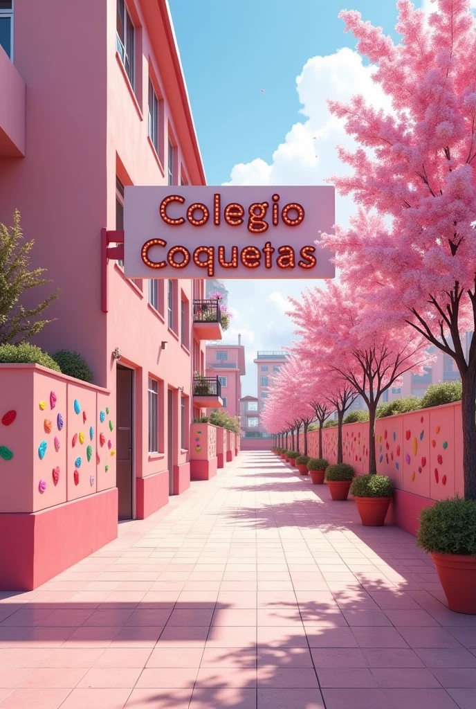(photorealism:1.2),  Empty pink girls' school yard, the sign "Colegio Coquetas" and the signs of many kisses 💋 on the walls, realistic, intricate details