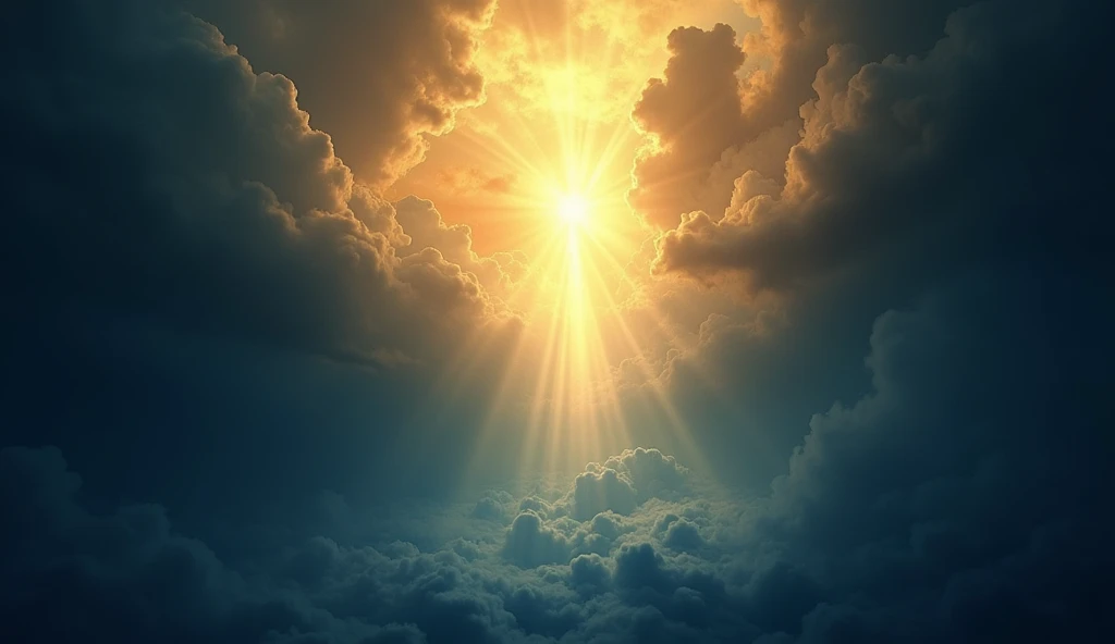 A heavenly scene where the light shines brightly, illuminating a vast dark void. Predominant Colors: deep blue and gold. The style is ethereal, with a focus on the transition from chaos to order. Emotions of hope and rebirth.