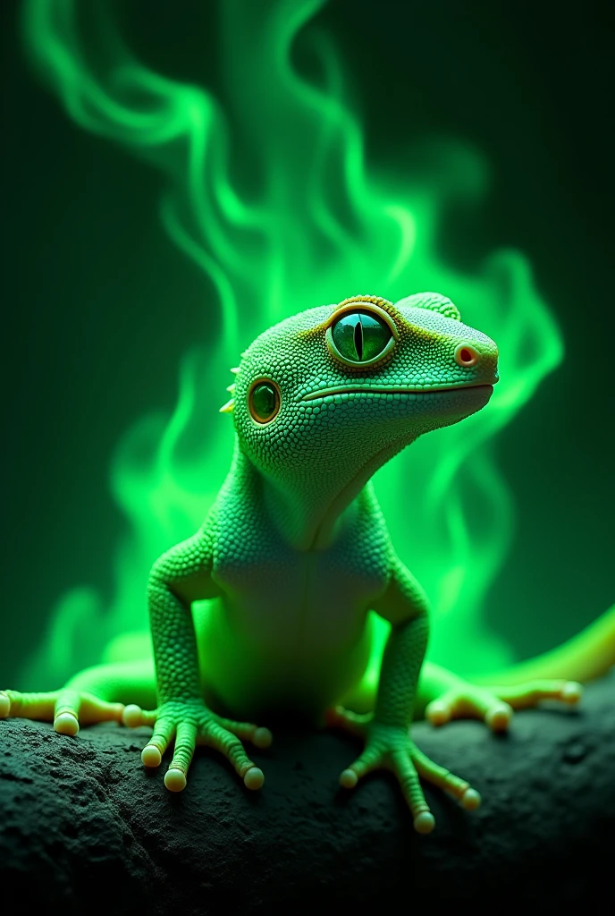 green neon gecko with background green fire and name of “Gico”