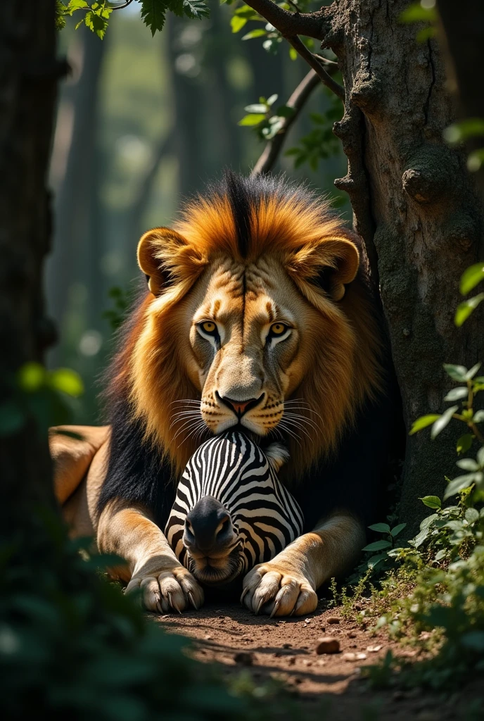 lion which eating the head of zebra
and that lion it is in hole in forest