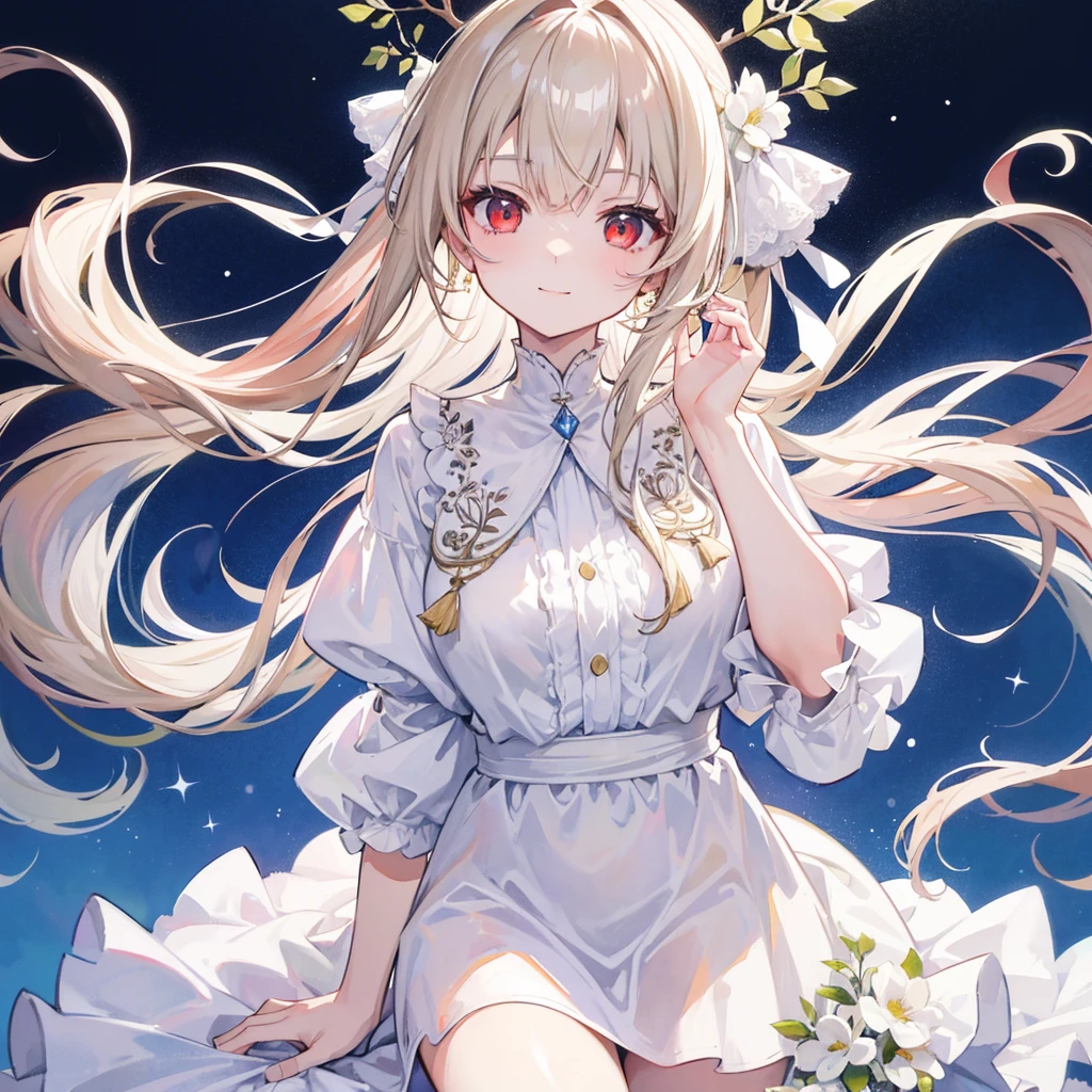 High resolution, One person, solo, Long Hair, Red eyes,Beige hair,
Highest quality, masterpiece, High-resolution model, Long Hair, Shiny Hair, Sparkling eyes, Lonely, smile, disposal、watercolor、Light color scheme、White dress、sit,Simple Background, Close-up, Part of the picture goes outside the frame, Lots of white space, watercolor画,White flower