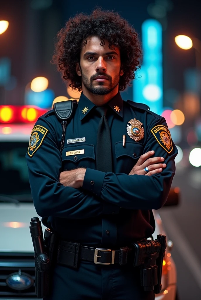 drawing of a dark-haired man with curly hair in a police uniform with a gun