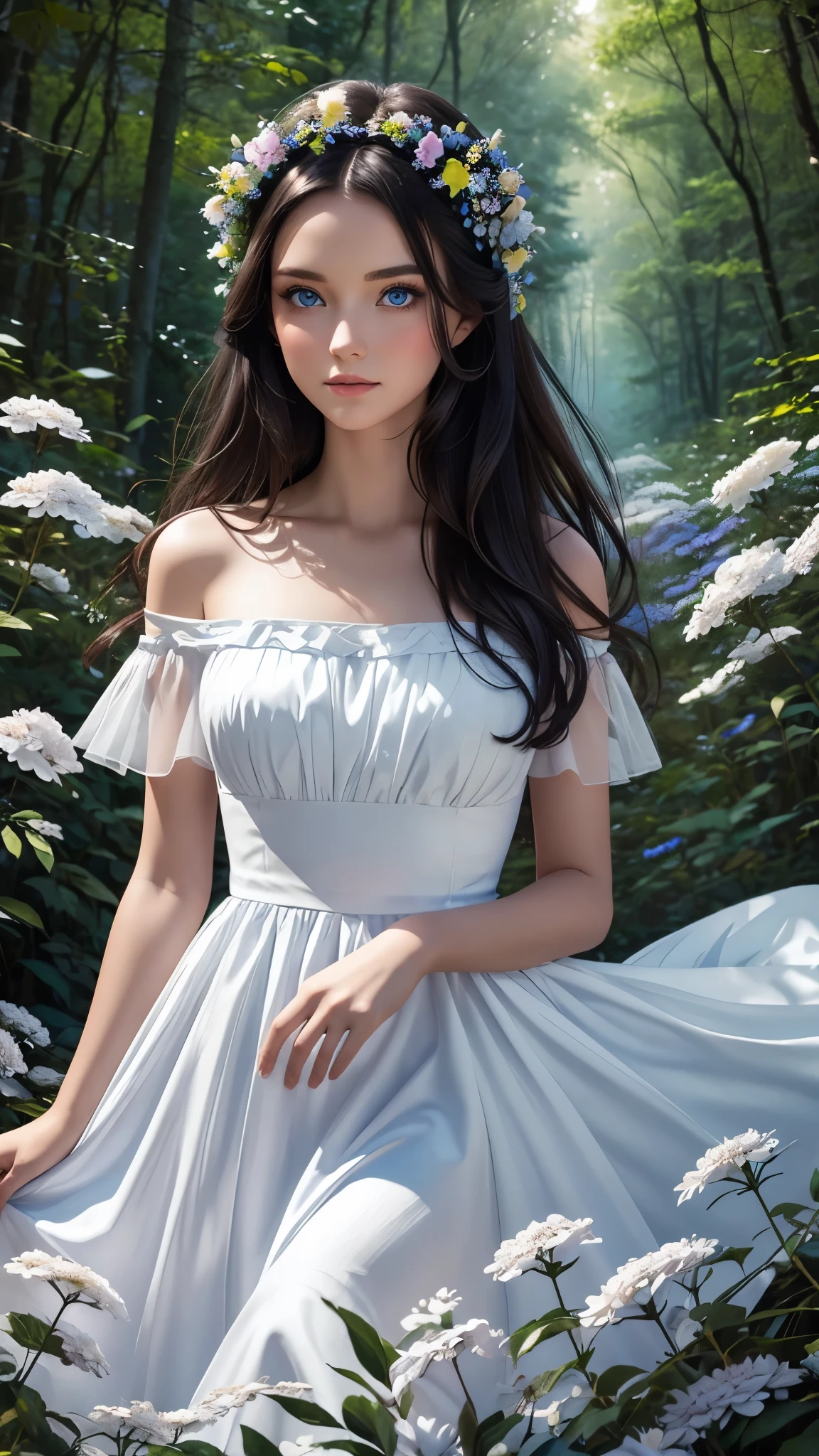 Beautiful dark-haired girl with blue eyes and a white dress in a beautiful forest full of flowers photoshoot