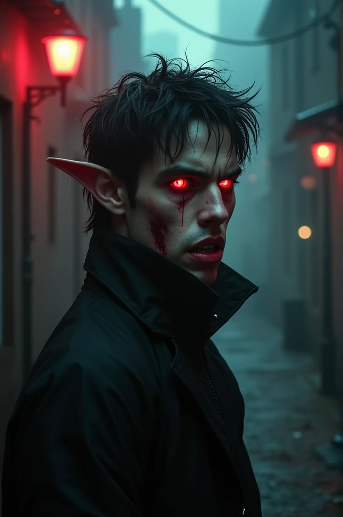 one men,with vampire teeth,Eyes red,blood in mouth,pointed ears