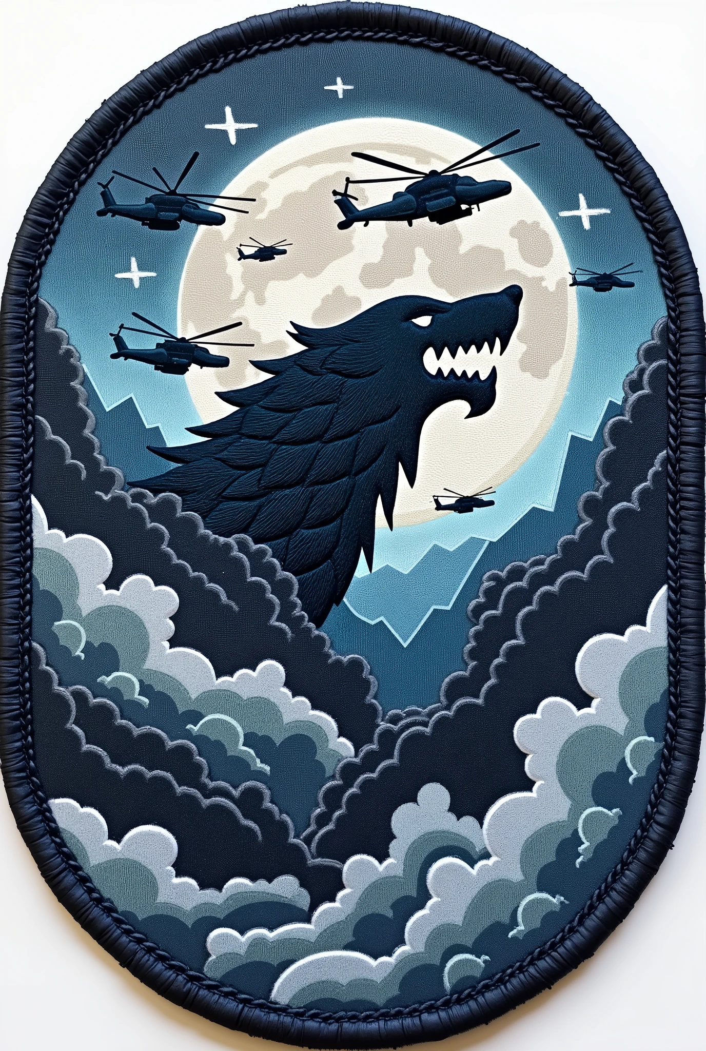 Create circular patch of Aviation Squadron called wolves comprising MI 171 helicopters, with the sigil of House Stark of Game of thrones