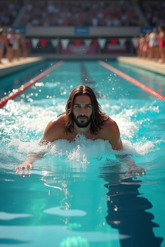 Jesus swimming in the realistic Olympic pool