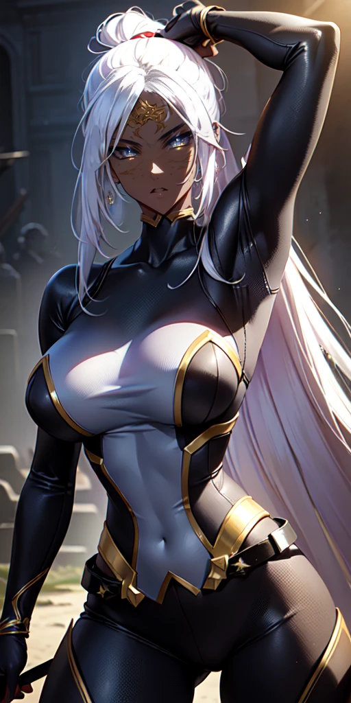 (best quality, 4k, high resolution: 1.2), anime, drawing, portrait, masterpiece, best quality, absurdities, (Official art, masterpiece, 8k, HD, ultra-detailed), ultra-detailed, fantasy art, portrait of a beautiful woman from dark skin, 32 years old, wearing combat gear, (detailed anime eyes), expressive eyes, details in the eyes, white eyelashes. A woman with dark skin, dark skin, dark skin, tanned skin, (perfect anatomy: 1.4), (highly detailed shading: 1.2), perfect shadows, perfect lighting, hdr, cowboy photo, glowing skin, fantasy costume, Cosplay combat, (costume black combat suit: 1.3), beautiful body, crazy resolution, CG wallpapers, beautiful face, detailed hands, AI generated, complex, high resolution, highest quality, super high quality, 2D images, 2D images, one person, Long white hair, ponytail, wavy hair, Anime woman posing for a photo, mega hyper detailed eyes, a hyper-realistic, realistic anime woman with long white hair, anime smooth CG art, Fantasy Art, (dark skin: 1.3), mature body, (large breasts: 1.1)