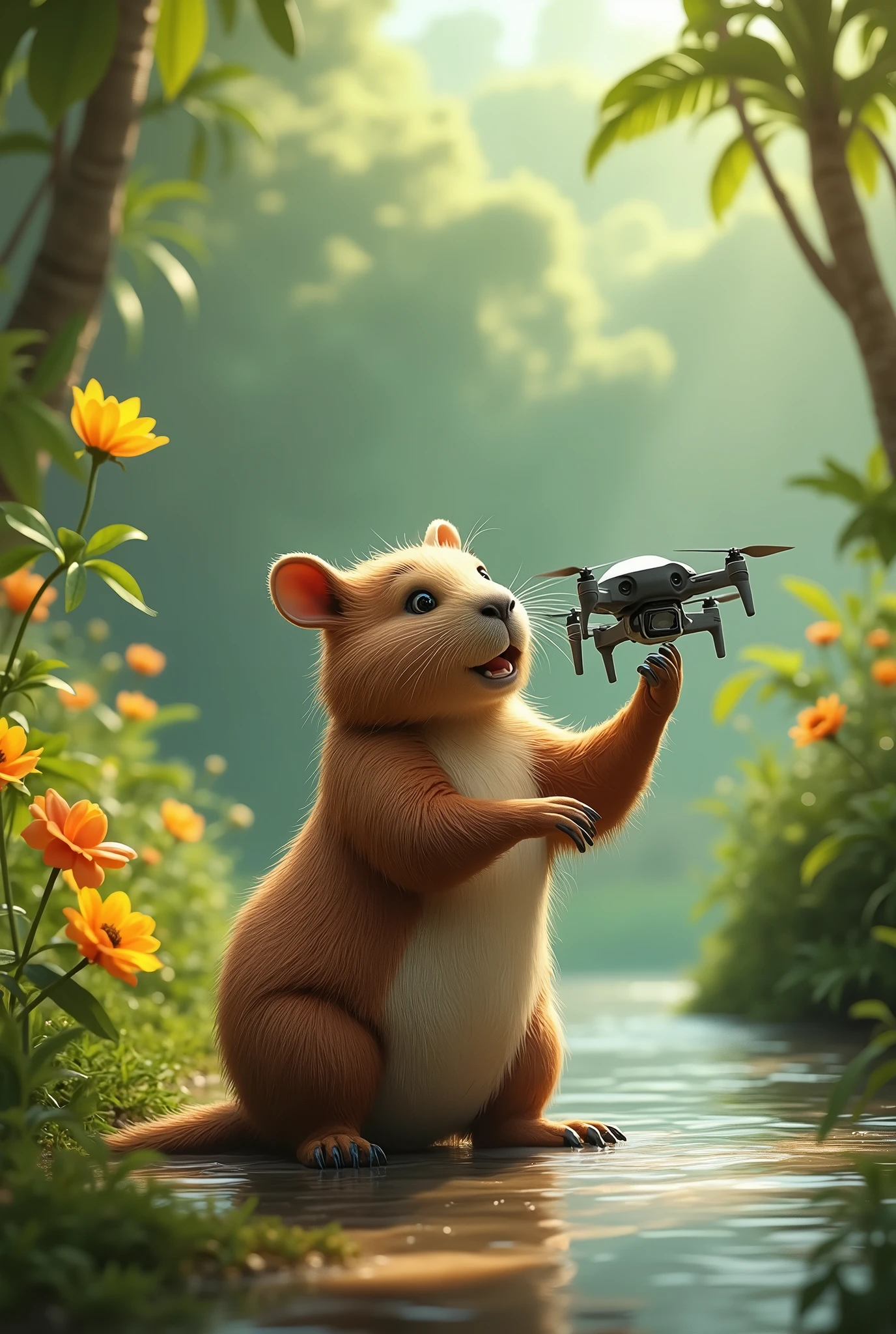 A capybara launches a drone from its paw