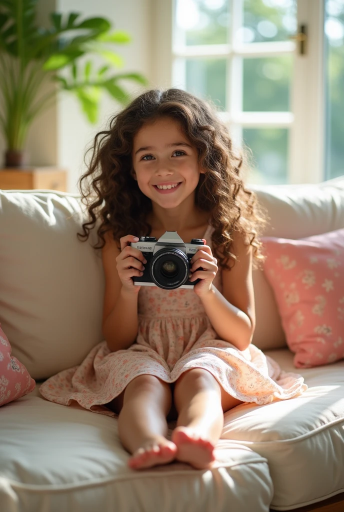 A brunette girl with curly hair and big breasts sits with her legs stretched out, taking a realistic photo