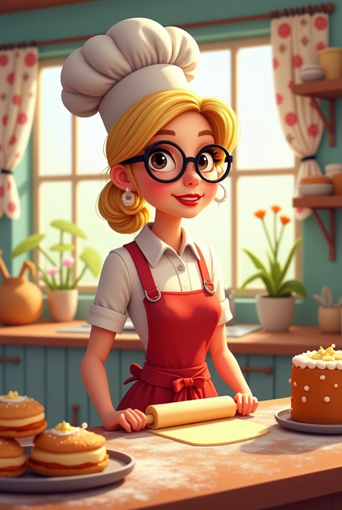 Create a cartoon woman baker with dark eyes and blonde hair, a chef's hat and black glasses