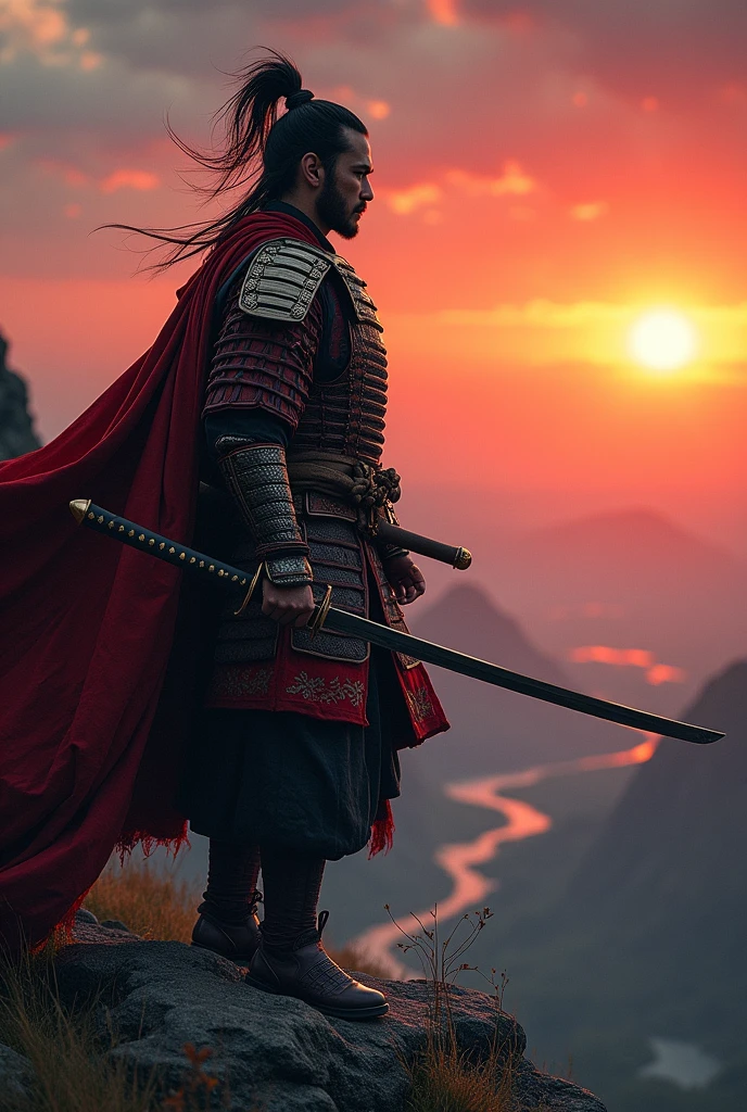 The formidable samurai stands atop a rugged, windswept cliff, overlooking a vast and majestic landscape. In the background, the setting sun paints the sky in hues of fiery red and orange, casting a warm, ethereal glow upon the scene. The samurai's traditional armor gleams in the fading light, adorned with intricate designs that speak to his rich heritage and noble lineage.

His expression is one of focused determination, his piercing gaze fixed on the horizon with unwavering resolve. In his hand, he grasps a gleaming katana, the blade catching the last rays of sunlight in a dazzling display of power and precision. Every line and curve of his form exudes strength and grace, a testament to years of unwavering dedication to his craft.

The wind tousles his ebony hair, adding a sense of dynamic movement to the scene as his cloak billows behind him, lending an air of dramatic flair to his already imposing figure. Surrounding him, the rugged landscape stretches out in all directions, a sweeping panorama of untamed beauty that mirrors the samurai's own indomitable spirit.

As he stands there, a lone figure against the vast expanse of nature, the samurai embodies the timeless ideals of honor, courage, and integrity that have defined his warrior lineage for generations. In this moment, he is not just a warrior, but a living symbol of strength and nobility, a true master of his art and a legend in the making.
