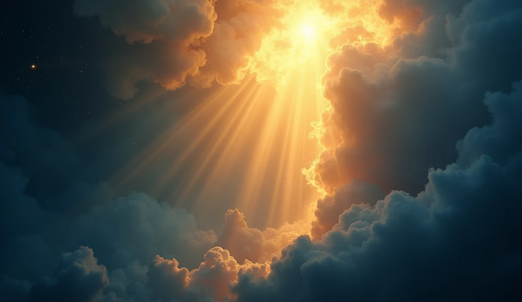 A heavenly scene where the light shines brightly, illuminating a vast dark void. Predominant Colors: deep blue and gold. The style is ethereal, with a focus on the transition from chaos to order. Emotions of hope and rebirth.