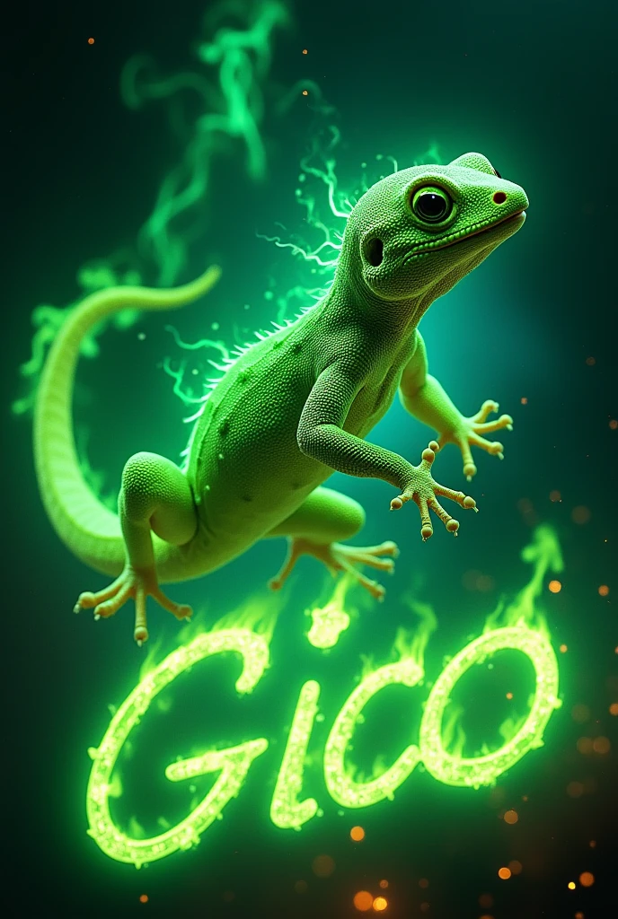 green neon electric gecko with background green fire and name of “Gico”