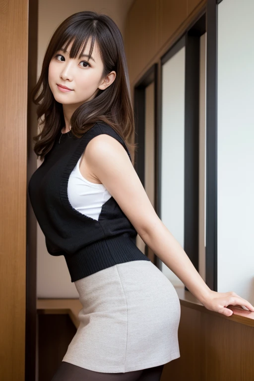 masterpiece, High resolution, Perfect Face, The Beauty of Japan, 30 years old, Beautiful Face, office, Sleeveless sweater, mini pencil skirt, tights, embarrButted look, Looking at the camera, Top quality eyes, Detailed Texture, Looking at the camera, Moderate , Married women, Cool women, High resolutionの目, return, Butt
、(see-through:0.75)