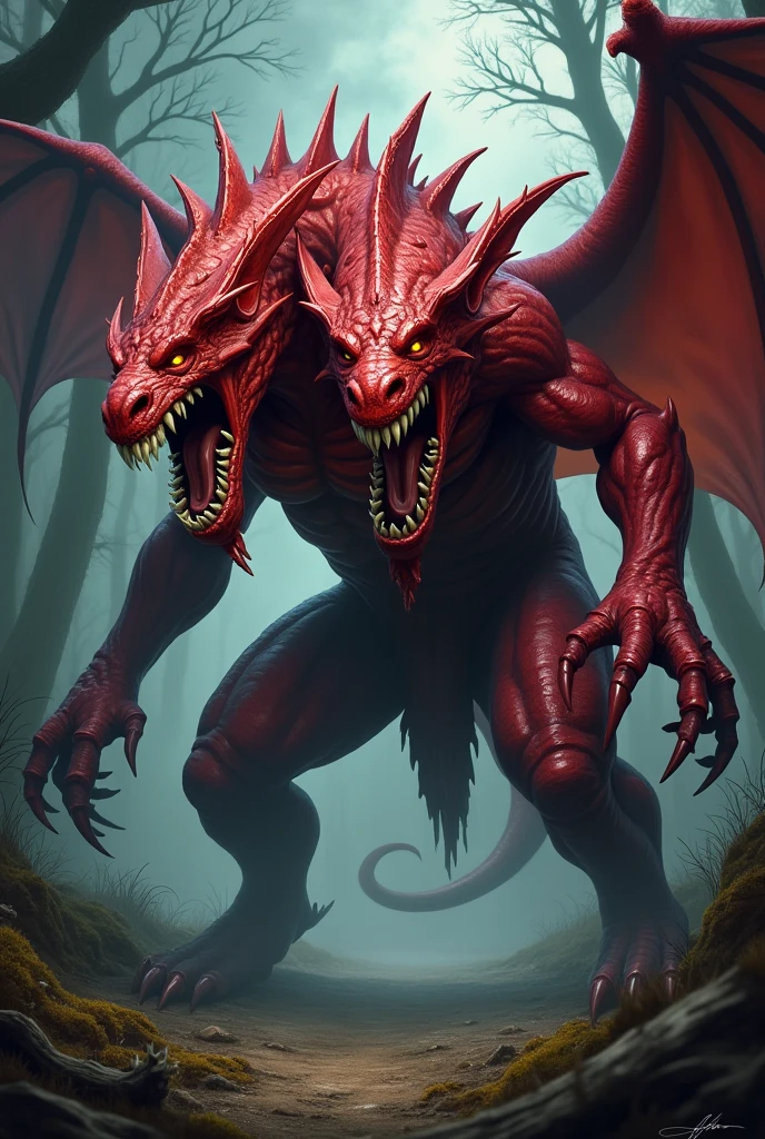 A horrifying two-headed red monster, rendered in digital art style reminiscent of Dungeons and Dragons.
