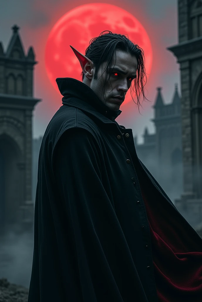 one  men,with vampire teeth,Eyes red,blood in mouth,pointed ears