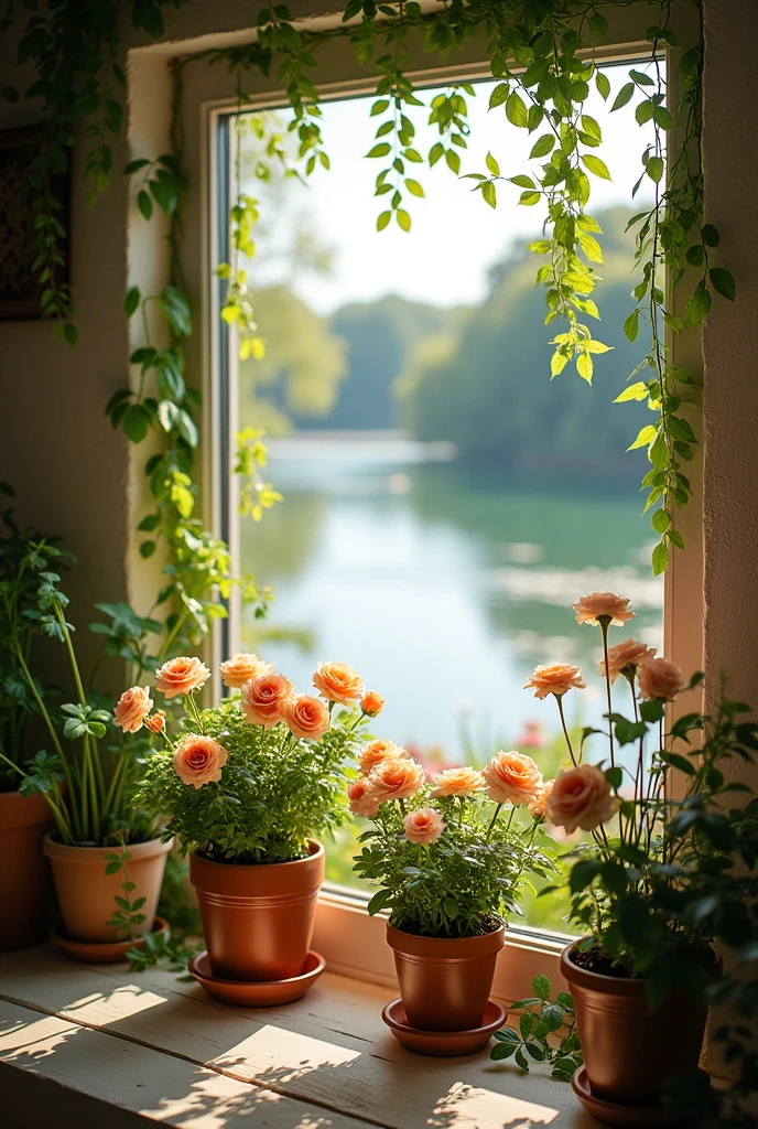 white window frame,window,plant,flower,lake,rose,Frame,living room,sunlight