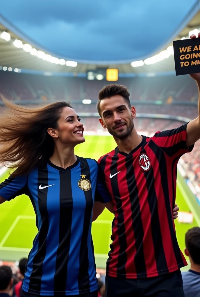 A San Siro postcard with a woman wearing an Inter Milan jersey, A man wearing an AC Milan shirt with the text “We are going to Milan”
