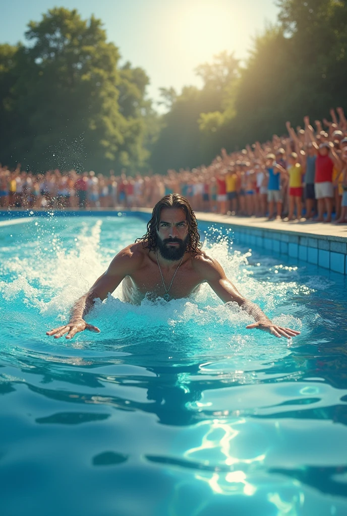 Jesus swimming in the Olympic pool 