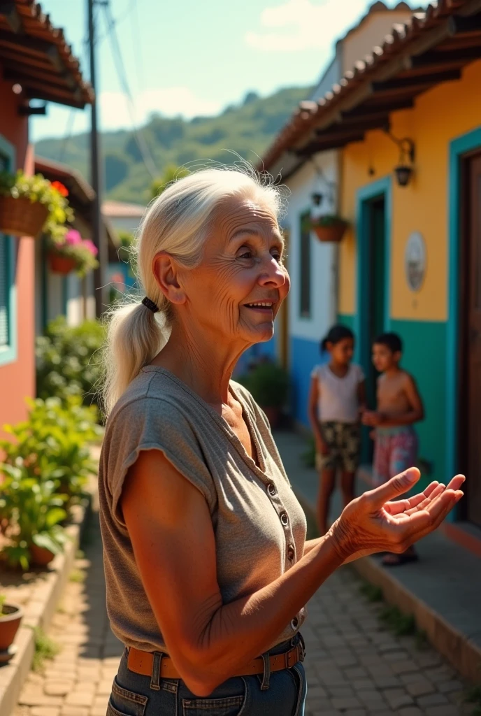 I want a realistic image of a real estate agent, she is elderly, white hair, wrinkled skin, she is in Brazil in a humble house in a favela. 