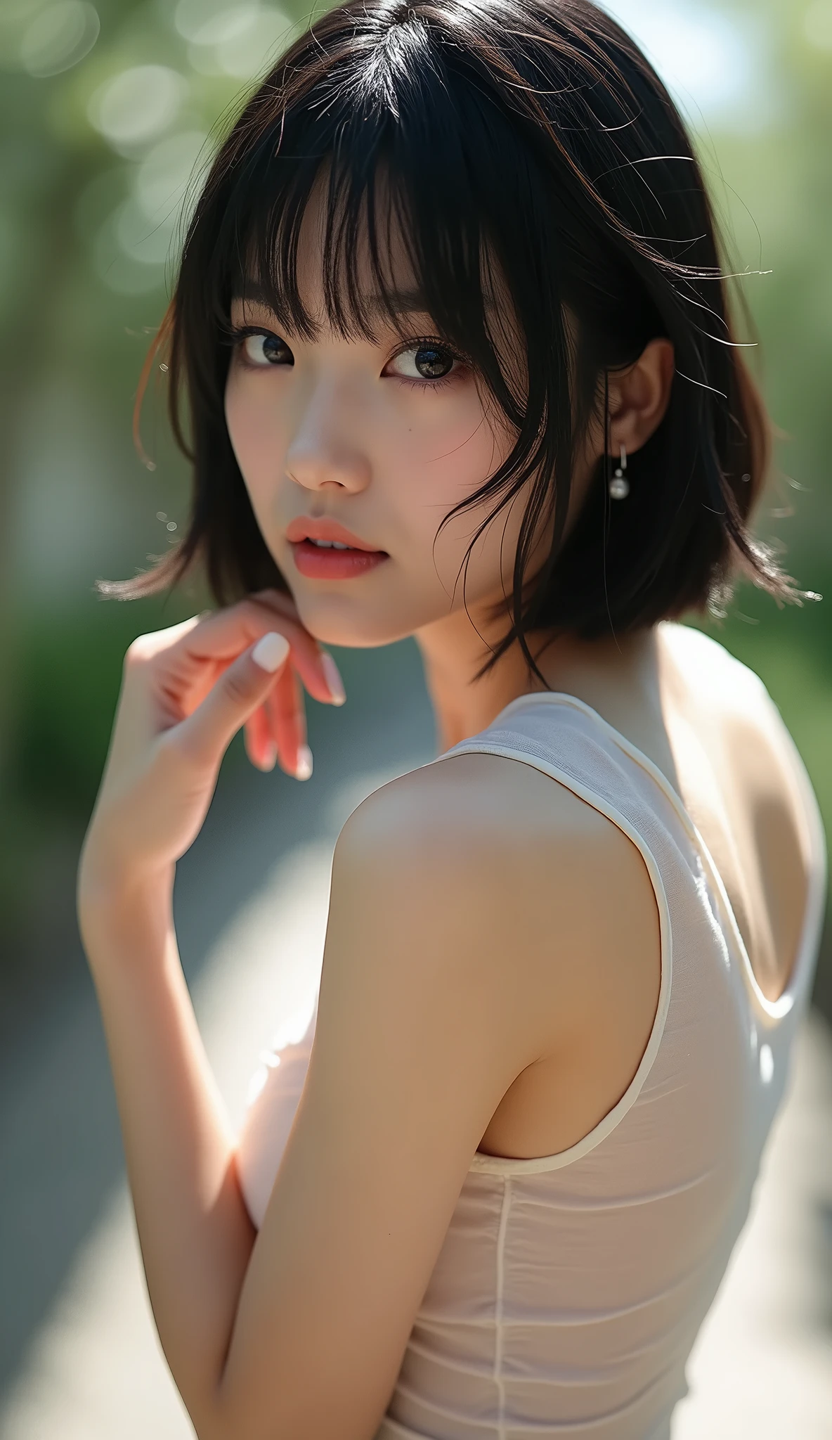 (Highest quality, 8k yen :1.2), (masterpiece :1.3), One attractive and cute Japanese, Beauty that emphasizes slim abdominal muscles :1.3, short hair, Huge breasts, Ultra detailed face,Sensual open mouth. Detailed eyes, double eyelid, Black Hair, Rear mount photography.Recall, Transparent wet shirt, Outdoors.Backlight,
